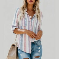 Ljetni ženski odobrenje Weans Women plus veličine $ $ womens modni V izrez Striped Roll up tipka s rukavima dolje za bluze s džepnim labavim košuljom