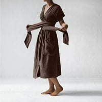 PulAwkoer kratka haljina od pune casual ženske rupne džepne haljine V-izrez Split kaiševa ženska haljina