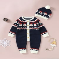 Qinghua novorođene baby božićne odjeće Dugme s dugim rukavima dole pleteni komadići i šešir tamno plava