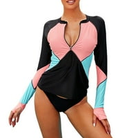 Ženski zip prednji dugi rukav Rashguard košulja u boji Block Print Tankini kupaći kostim