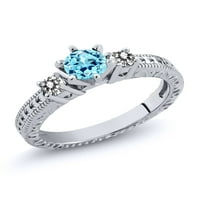 Gem Stone King 0. CT okrugli plavi apatitni bijeli dijamantski srebrni prsten