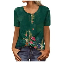 Qcmgmg prevelike grafičke majice za žene klasične letnje letnje majice na dugme cvjetni kratki rukav Henley bluza tamno zelena 2xl