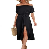 Voguele Ladies midi haljina kratki rukav ljetni plažni sandress off rame haljine party a line crna l