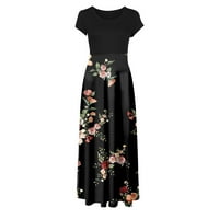 Ženska kratka rukava dužina dužine modnog a-line cvjetni okrugli dekolte, ljetna haljina crna xl