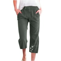 Yuwull Ženske ravne noge Capris Capris Hlače udobne posteljine elastične strugove pantalone na ploče