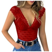 MLQIDK Ženske bluze Ljetna čipka bluza Čvrsta boja Seksi šuplja V-izrez Ženska majica bez rukava, Crvena