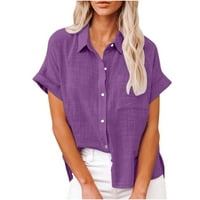Ženska modna majica lapel COLLAR majica Down Džepna odjeća za djevojčice udobne casual bluze, pune boje tiska na kratkim rukavima, purple xxl povratne pozive