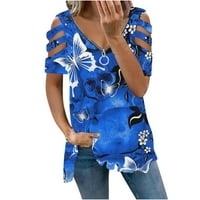 Ljeto Plus veličine vrhova za žene, ženska modna tiskana bluza V-izrez kratki rukav s majicom sa zatvaračem
