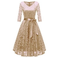 Haljine za žene Himeway Ženska moda Vintage V-izrez Dugi rukav čipka Retro tanka večernja haljina bež