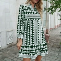 Ženska moda Retro Print V-izrez dugih rukava Labava haljina zelena XL