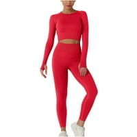 Safuny Women Workout Sets Outfits Outfits Proljeće Jesen Solid elastične strugove modne trenerke Dugi rukav Okrugli vrat Ležerne prilike opušteno crveno l