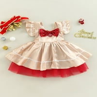 Binpure Kids Girls Božićne mrežice Dress Casual Contrast Color Sequin Bow Flyne rukave haljina za odmor