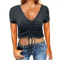 Ženski ljetni vrhovi casual kratkih rukava V izrez Kratka bluza u boji u boji vrhova slatka majica crne s