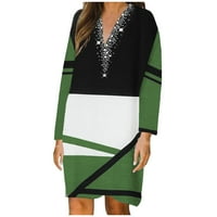 Yuwull Proljetne haljine za žene Ljetne haljine za žene Ženska moda Retro Geometrijska ploča s dugim rukavima V-izrez Mid Calf haljina zelene ležerne haljine za žene na klirensu