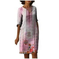 Ženska ljetna vintage print V-izrez haljina od pola rukava ružičaste s