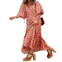 Žene Vintage Geometric Print dugačka haljina Ljetna plaža Boho V-izrez Puff pola rukava Labava Maxi