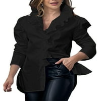 Glonme Women Tops V bluza izreza dugih rukava majice Dame udobna tunika Majica Labavi ruffled crni 2xl