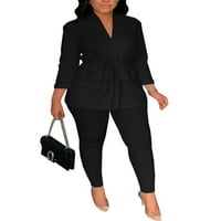 Voguele Women Business Suit s dugih rukava Blazer set Drawstring Dva odijela Blazers i pant Slim Fit crni 2xl