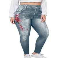 Glonme Women Plus Veličine Mightgings High Sheik Oversed Fau Traper Pant Tummy Control Lažni Jeans Yoga Slim FIT JEGGINGS Full Dužina Cvjetne ispis Olovke crna 3xl