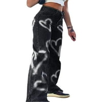 Žene visoke struk široke traper pantalone ravne noge za srce Jeans Casual Baggy pantalone Y2K Streetwear