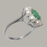 Britanci izrađeni sterling srebrni prirodni smaragdni i kultivirani biserni ženski prsten - Opcije veličine