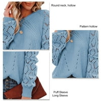 Žene Crewneck Hollow Pleteni džemper stilski elegantni čista boja puff rukava s pulover