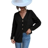 Ženska crna košulja prednje dugme dugih rukava V ovratnik labave košulje proljeće jesenska bluza vrh