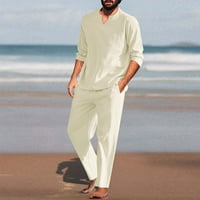 Prom odijela i muškarci pamučni posteljina set Henleyji košulja dugih rukava i ležerne plaže Hlače ljeto