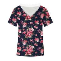 Flora Print Čipka V izrez Majica za žene Ljeto kratkih rukava Dressy casual opušteno Fit Dame Osnovne
