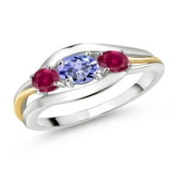 Gem Stone King 0. CT okrugli plavi tanzanit crveno stvoreno rubin srebrni i 10k žuti zlatni prsten