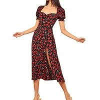 Francuski retro puff rukava kvadratni vrat visoki struk prorez srednje dužine haljina Tanak struk Tanak haljina za odmor ženska casual haljina crvena m