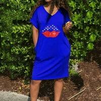 StMixi ljetne haljine za žene 4. srpnja Dan nezavisnosti Looseck džepni tunik Midi haljine kratki rukav V-izrez Usne USL-a za zastavu Ispis koljena Ležerna haljina Plava L Clearence ispod 5 USD