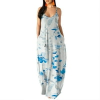 Clearsance Ljetne haljine za žene Dugih rukava za slobodno vrijeme Maxi tiskana V-izrez Haljina svijetlo plava 3xl