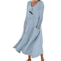 Ženska haljina za jesen pamučna posteljina haljina s dugim rukavima i flare maxi duga haljina