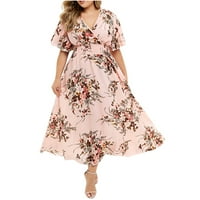 Plus veličina maxi haljina za žene, ljetna casual cvjetna kratka rukava cvjetna tiskana duga haljina za plažu i odmor