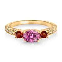 Gem Stone King 18K žuti pozlaćeni srebrni ružičasti ružičasti moissan crveni granica i bijeli moissitni zaručnički prsten za žene