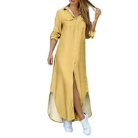 Zhizaihu Ženski gumb Maxi haljina plus veličina Solid boja haljina dugih rukava Split Flowy haljina žuta m