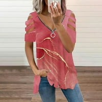 Yubatuo ženski vrhovi ženski modni casual sa patentnim zatvaračem s V-izrezom tiskane majice s kratkim