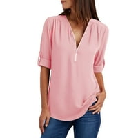Pejock Womens V izrez Zip manžetni rukavi Flowy Business casual radne tuničke vrhove majice Bluza dugih rukava Rolkirts Pink s
