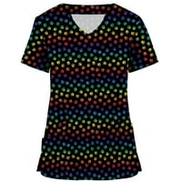 Voncos Womens Tops Clearence- vrhovi kratkih rukava V-izrez V-izrez Radna uniforma Tie-boje Gradient Rainbow Cvjetni print sa dva džepa Bluza Crna 6