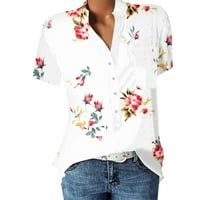 Cvjetna bluza s kratkim rukavima Ležerne prilike ljetni V-izrez za žene Bijele XL