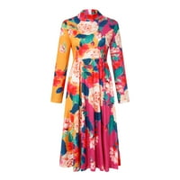 FIMKAUL ženske haljine casual dugih rukava zimski pad proljeća ljetna bib ovratnik tanka print modna