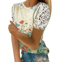 Ženska modna čipka Šuplje Print Okrugli vrat Majice kratkih rukava Tops S