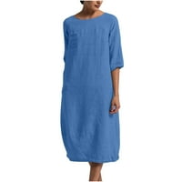 Ženski okrugli izrez Labavi kratki rukav Maxi haljina od pune pamučne posteljine duga haljina plava