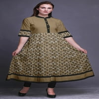 BIMBA BROWN PRINT BLOCK Indijski kurtis za žene tiskali su liniju Anarkali Kurti povremeni etnička haljina-X-Velika