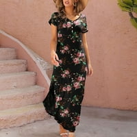 Yubatuo ljetne casual boho cvjetne haljine za žene V izrez Cap rukava Maxi plaža haljina crna m