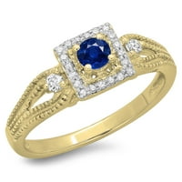 0. Carat 10k žuti zlatni okrugli rez plavi safir i bijeli dijamantski dame Bridal Vintage Halo Style