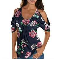 Clear za hladno rame za žene Ljeto kratki rukav Striped print rucked bluza Slatka cvjetna majica uzorak