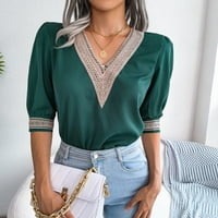 Yyeselk majica s kratkim rukavima za žene labav vrh Gruipure čipka V izrez bluza Čvrsti povremeni elegantni vrhovi modna bluza Green- XL