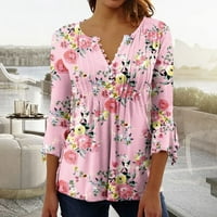 MLQIDK Womens Ljetni vrhovi Notch V izrez T majica Labavi fit mekani plutani cvjetni gumb dolje bluze